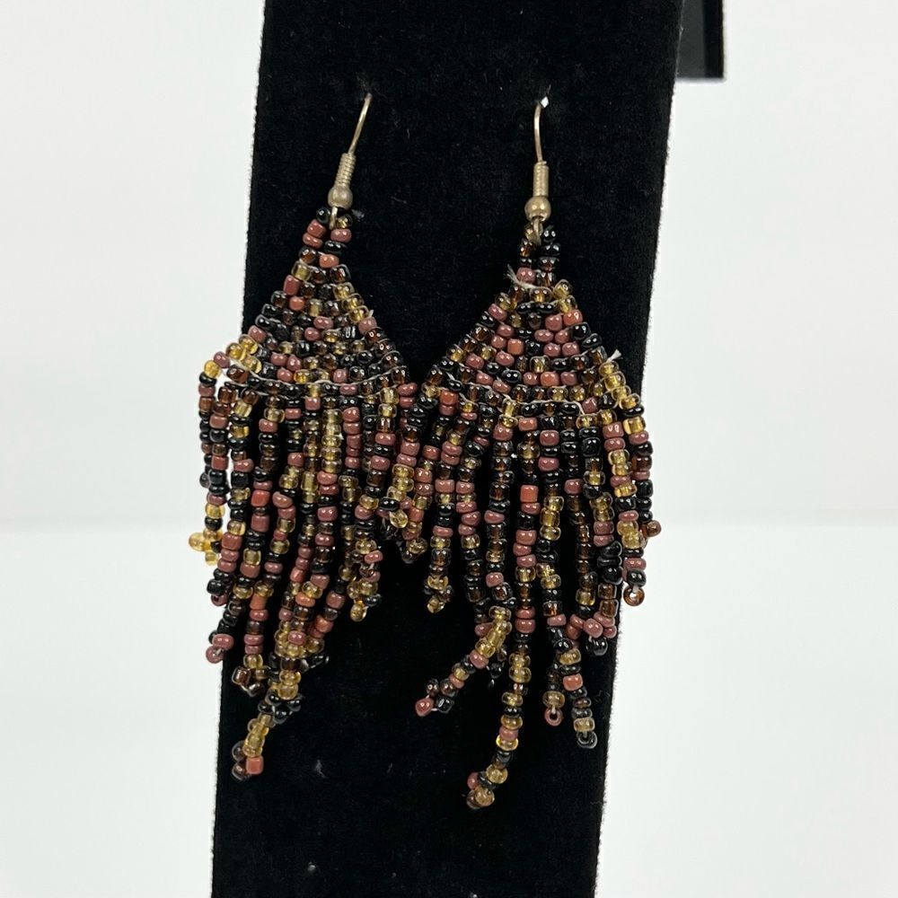 𝅺black and Brown Beaded Long Fringe Dangle Earrings